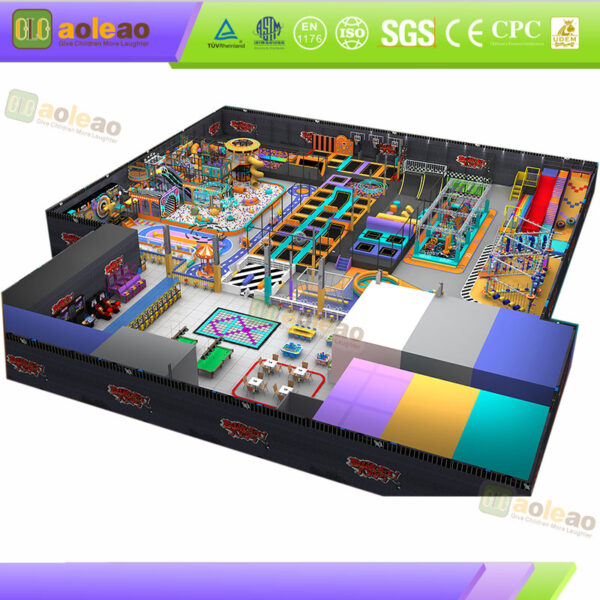 Utrustning till Neon Trampoline Park med ninjabana och rutschkanor