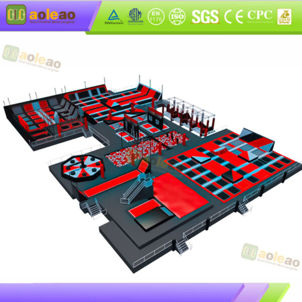 Utrustning till Red Trampoline Park med ninjabana och skumgrop