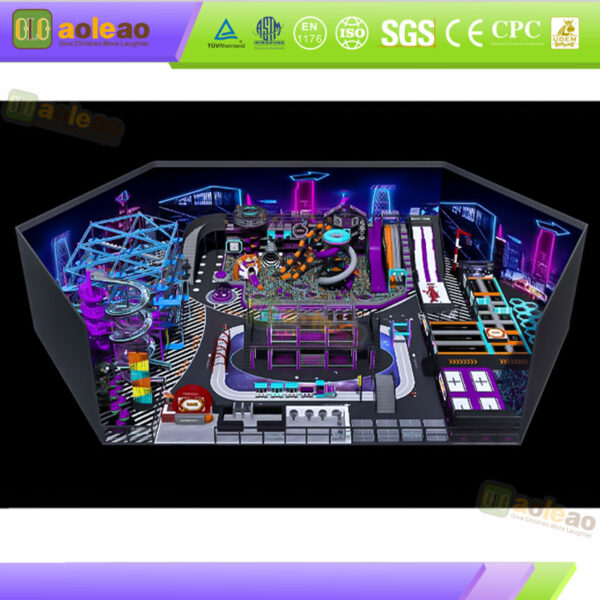 Aire de jeux d'aventure avec trampoline d'intérieur « Neon » et toboggans Aire de jeux d'aventure avec trampoline d'intérieur « Neon » et toboggans