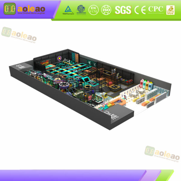 Peralatan Taman Trampolin Aqua Neon dengan Kursus Ninja dan Dinding Pendakian