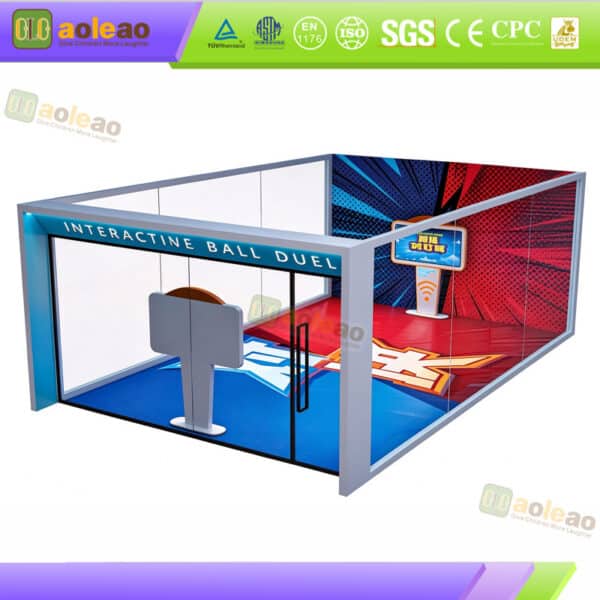 Interactive ball throwing game with red and blue competition zones and a digital scoring machine for commercial arcades