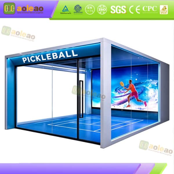 Commercial indoor pickleball game room concept with blue court flooring, glass-style enclosure and sports-themed wall display
