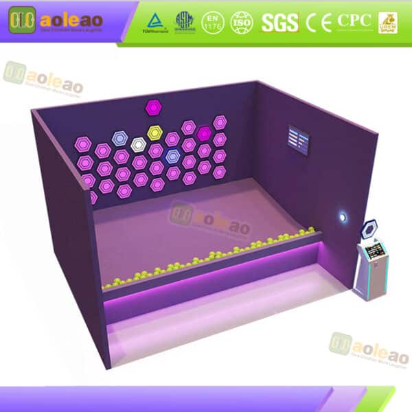 Interactive LED Target Wall Game with hexagonal illuminated targets, colorful play balls and control console for commercial arcades