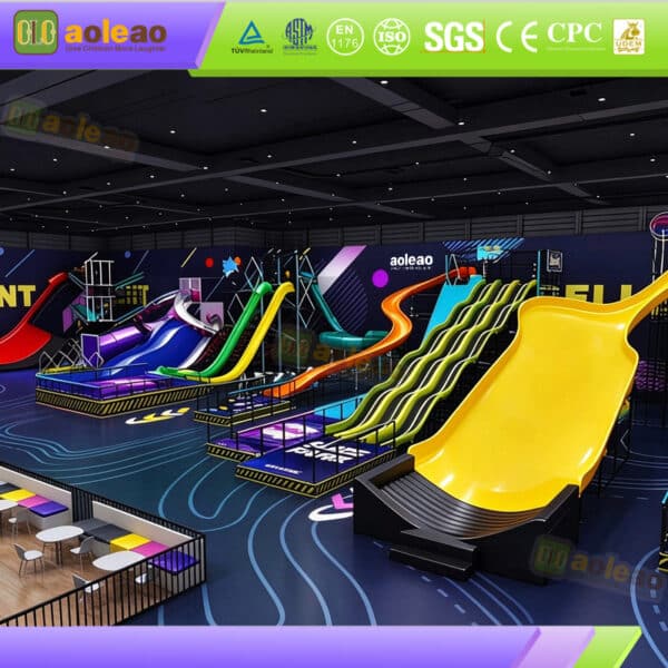 Custom indoor slide park with multi-lane, curved and wave slides