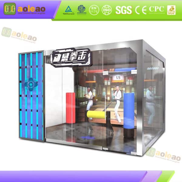 Interactive Boxing Arcade Equipment with an enclosed boxing game booth, red and blue punching bags and digital game display