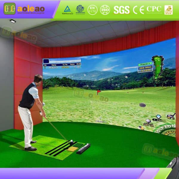 Player practicing golf with an indoor golf simulator featuring a large projected fairway, hitting mat and artificial turf