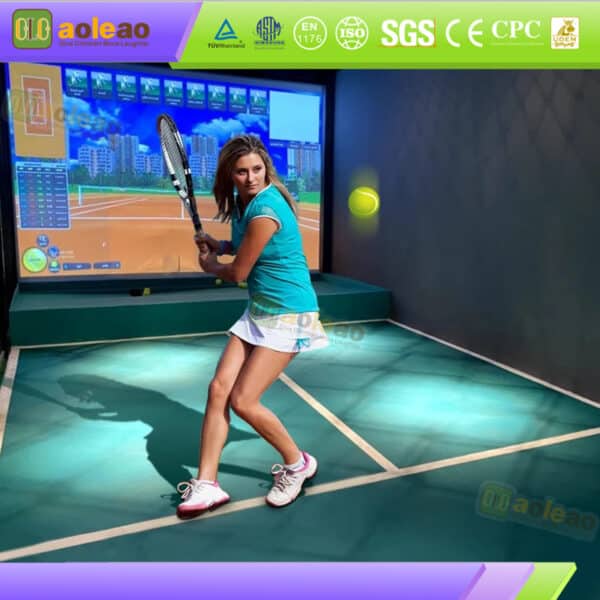 Woman playing an interactive tennis simulator game with a racket, indoor hitting area and virtual tennis court screen