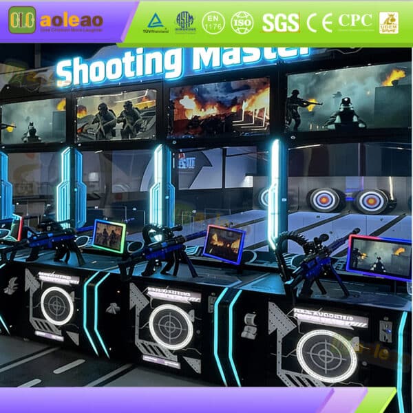 Multiplayer shooting arcade game machines with action game screens, mounted rifle controllers and blue LED lighting