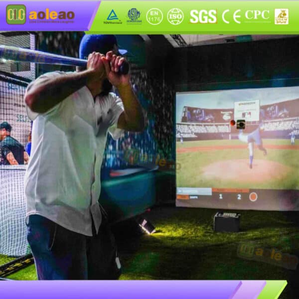 Commercial indoor baseball batting simulator with a player holding a bat and a projected pitcher on screen