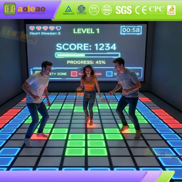 Adults playing an interactive LED floor game with colorful illuminated tiles and a digital score display