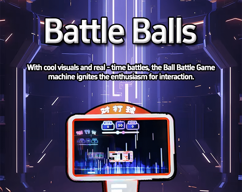 Battle Balls interactive ball throwing game promotional image featuring a digital arcade scoring machine