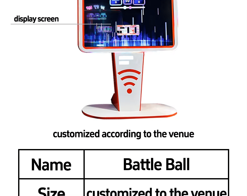 Interactive ball throwing game machine with digital display and customizable venue size specifications