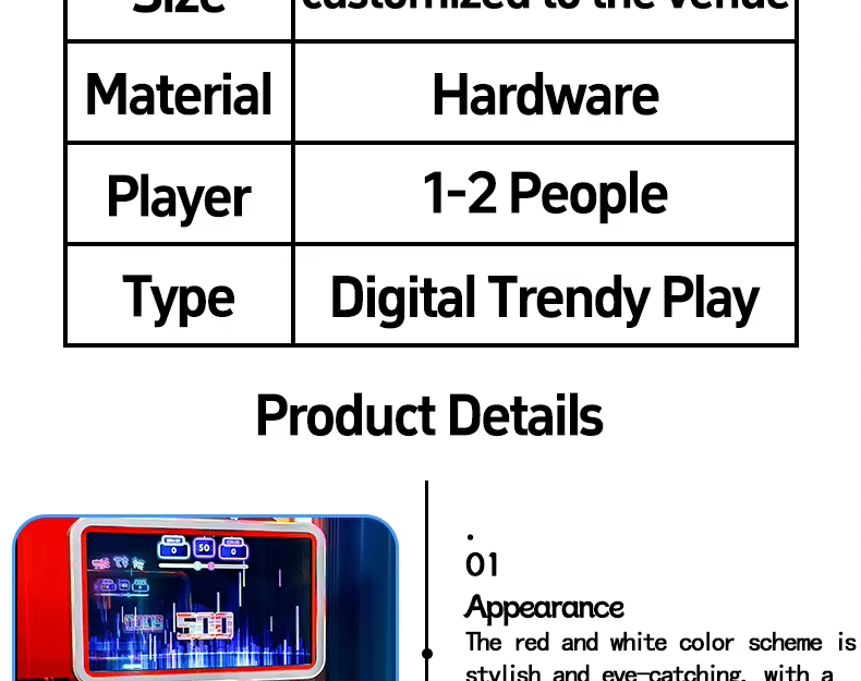 Battle Balls arcade machine specifications showing 1–2 player capacity and red-and-white cabinet design