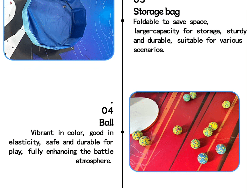 Foldable ball storage basket and colorful play balls for the Battle Balls interactive arcade game